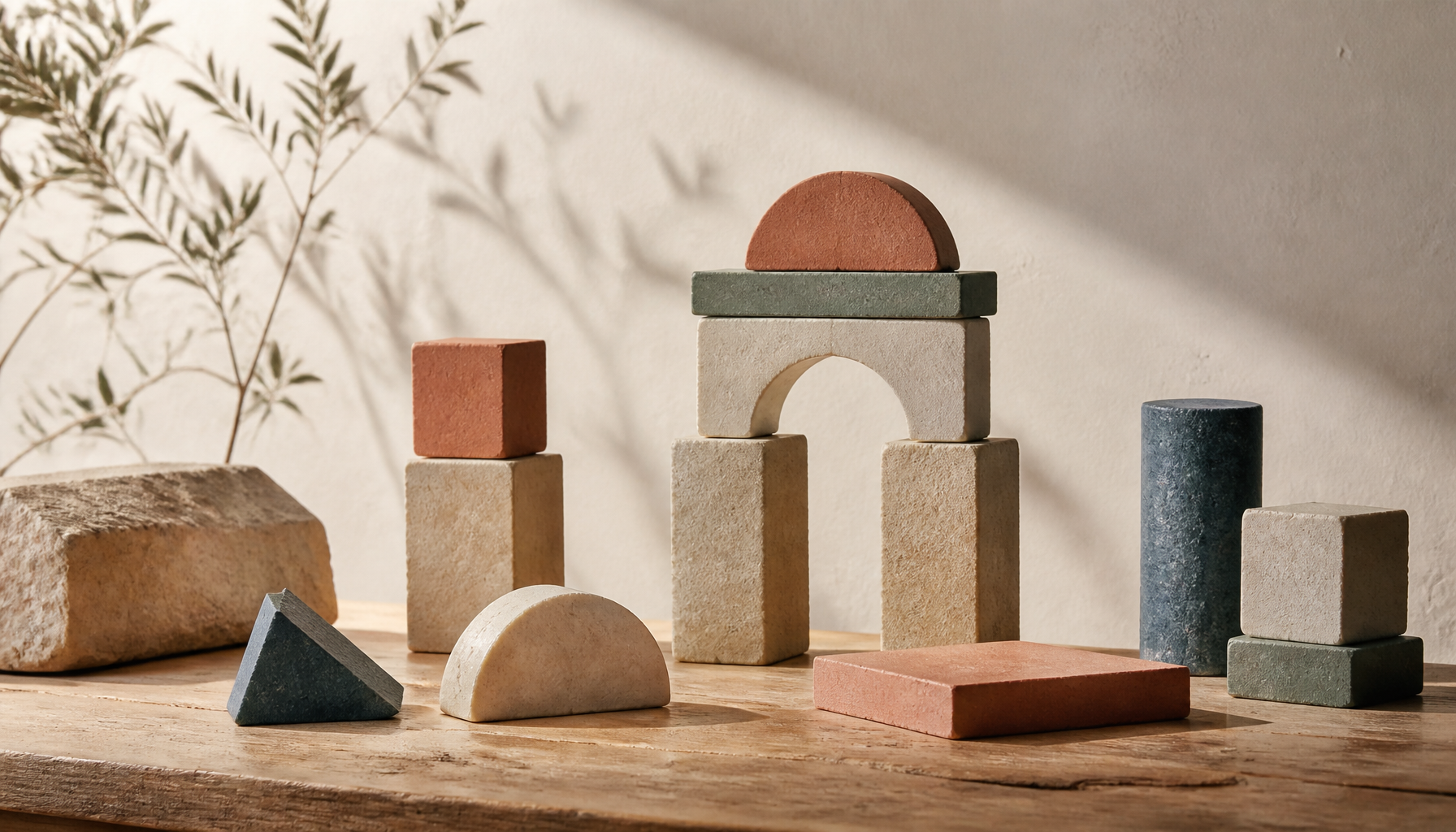 Des blocs de construction colorés assemblés en arche, symbole des fondations RH solides.